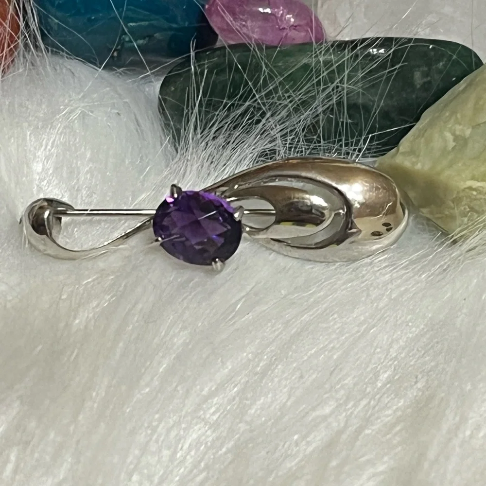 Marked SILVER Vintage Amethyst Brooch